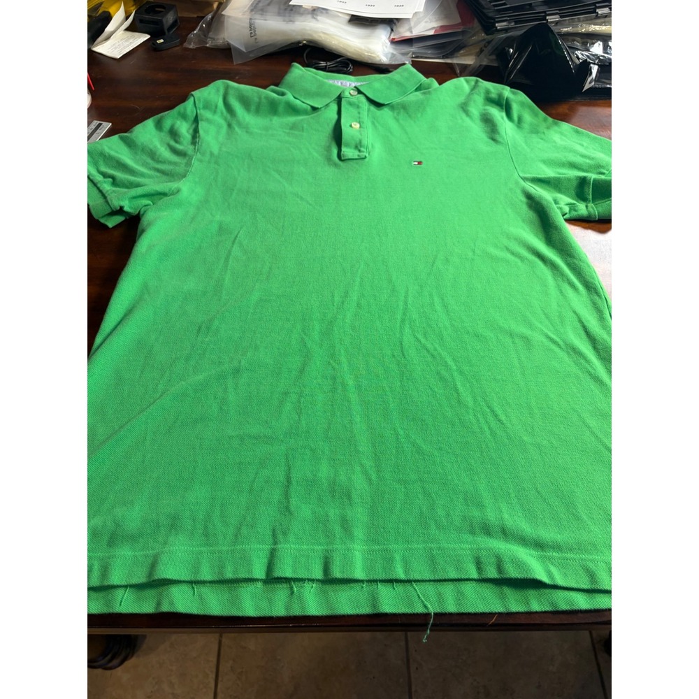 Tommy Hilfiger Mens XL Custom Fit Polo Shirt Green Pique Short Sleeve Logo